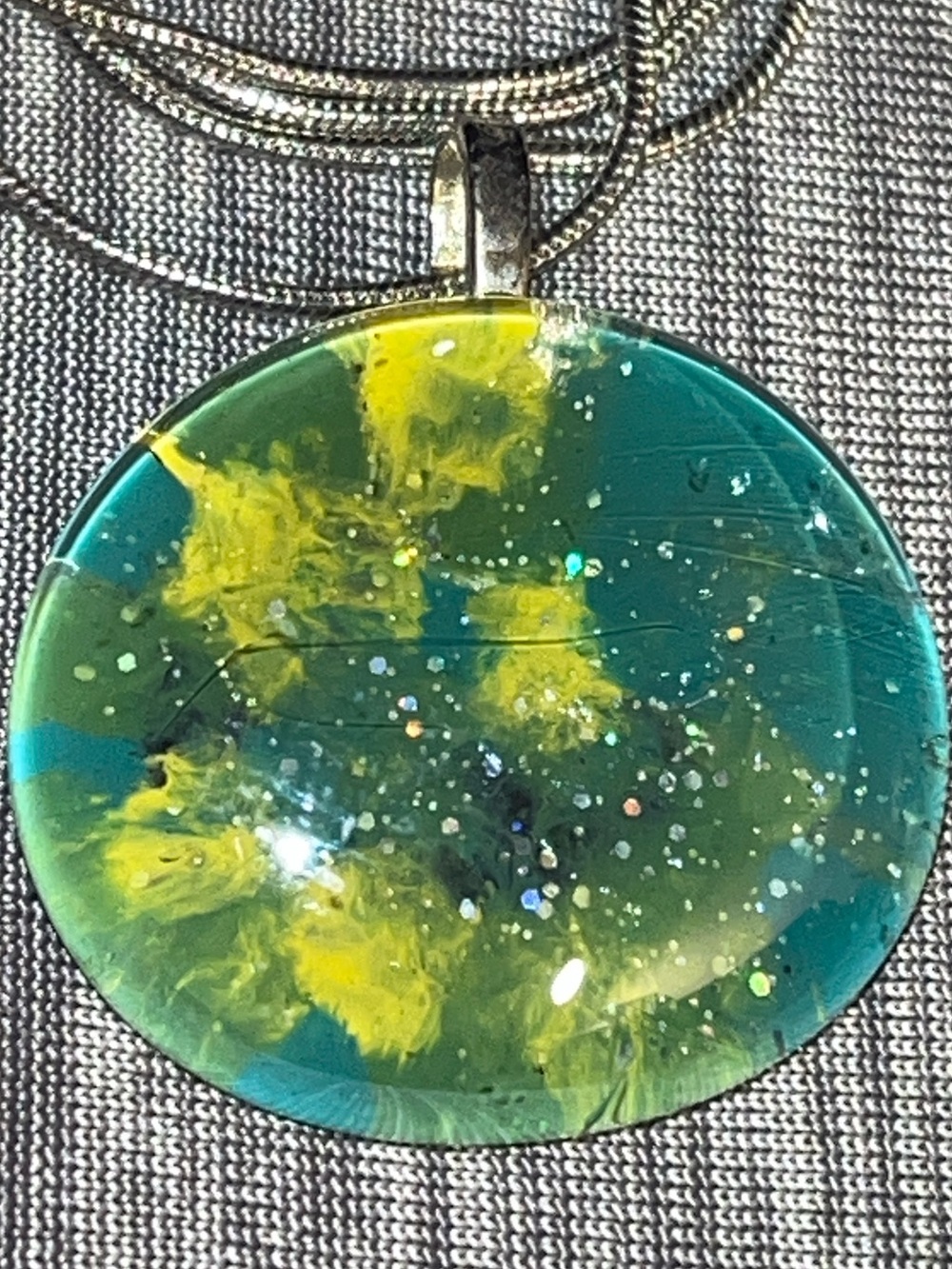 Handmade Teal Green Yellow Resin Pendant Necklace 20.5” Artisan